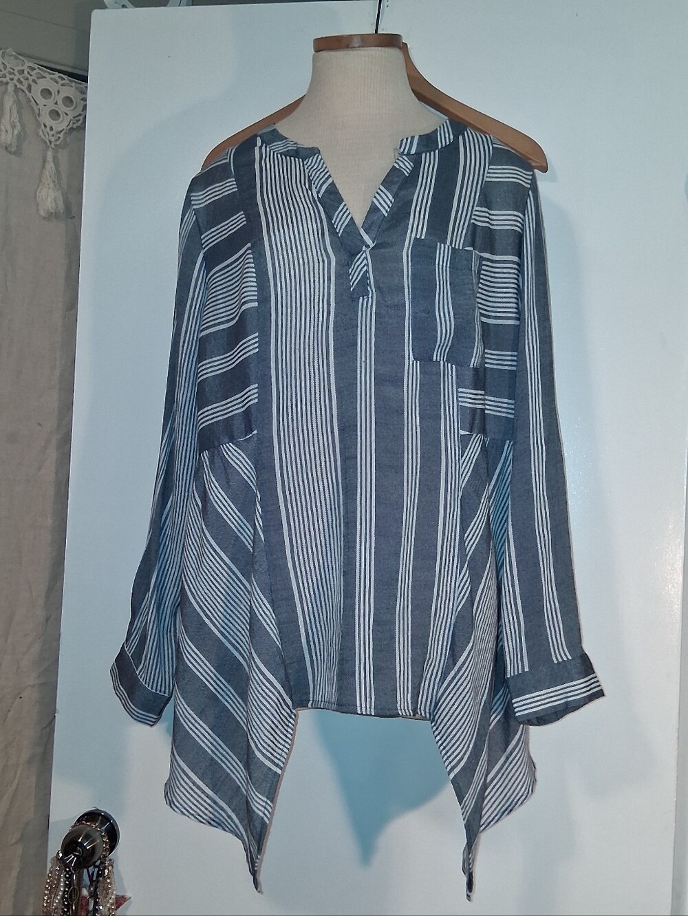 Penningtons Striped Split-Hem Long Sleeve Top - Blue/White